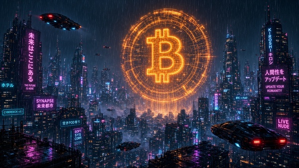 Bitcoin (BTC) coin above a night city