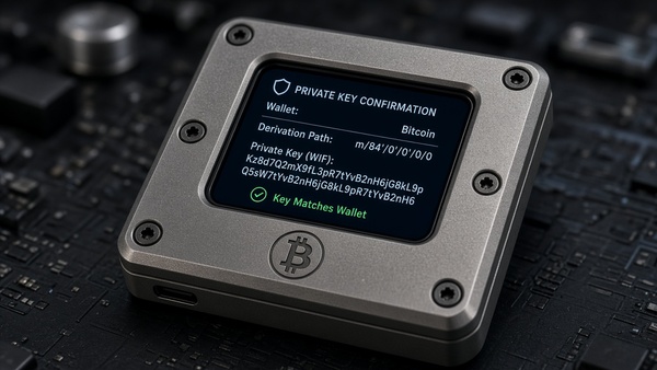 Bitcoin (BTC) coin next to a hardware wallet