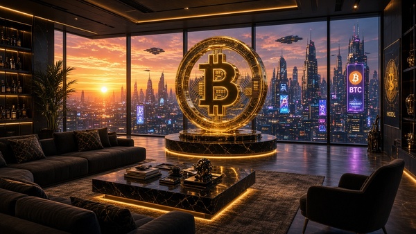 Bitcoin (BTC) coin in a luxury penthouse