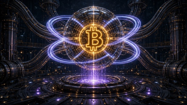 Bitcoin (BTC) coin in a quantum lab