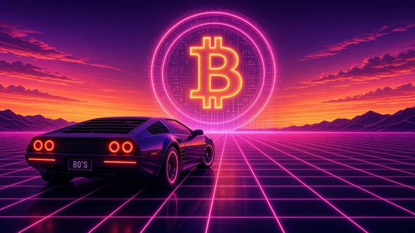 Bitcoin (BTC) coin in a retrowave landscape