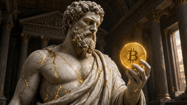 Bitcoin (BTC) coin held by a marble statue