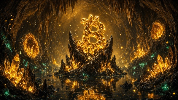 Bitcoin (BTC) coin in a crystal cave