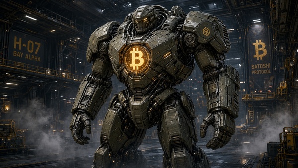 Bitcoin (BTC) coin held by a mecha robot