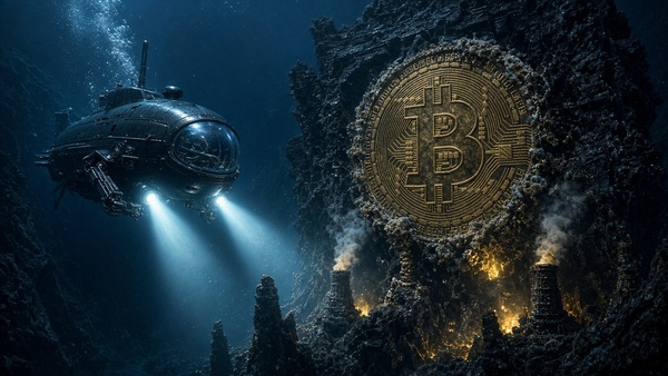 Bitcoin (BTC) coin in a deep-sea abyss