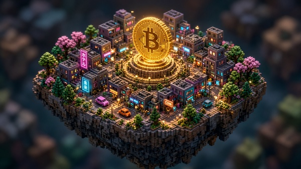 Bitcoin (BTC) coin in a voxel world