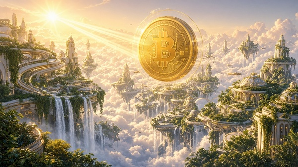 Bitcoin (BTC) coin in a green solarpunk city