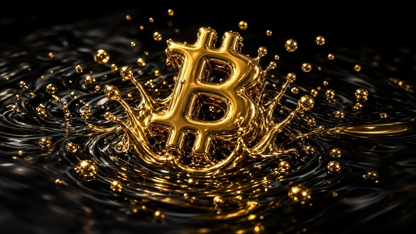 Bitcoin (BTC) coin in liquid metal