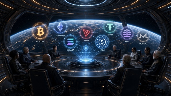 Cryptocurrency coins arranged around a round table