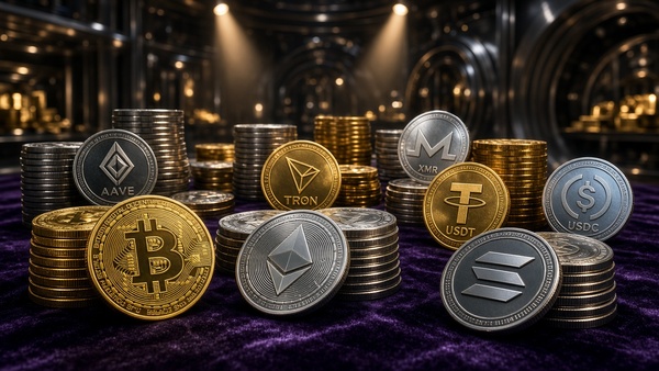 Stacks of gold and silver cryptocurrency coins in a vault