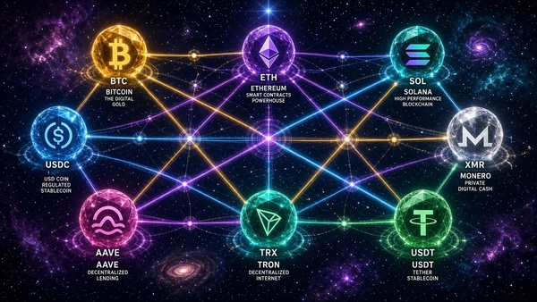 Cryptocurrency coins connected in a cosmic network