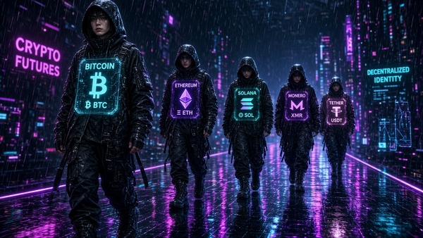 Cryptocurrency coins in a neon streetwear scene