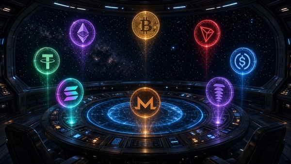 Cryptocurrency coins on a bridge between networks