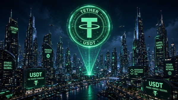 Tether (USDT) coin above a night city