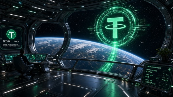 Tether (USDT) coin floating in outer space