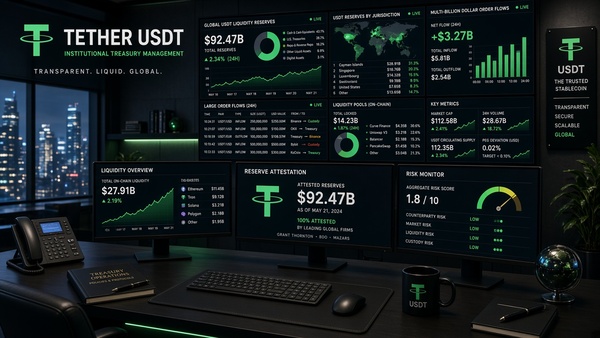 Tether (USDT) coin on a trading desk