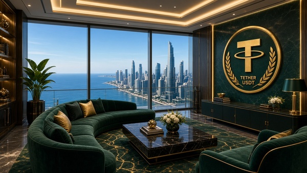 Tether (USDT) coin in a luxury penthouse