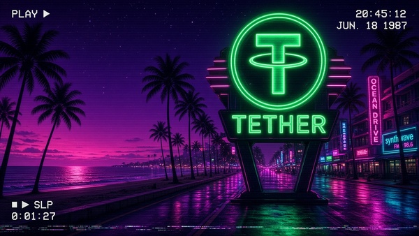 Tether (USDT) coin in a retrowave landscape