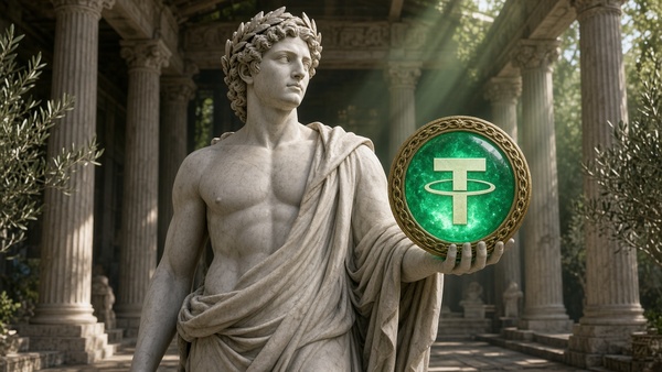 Tether (USDT) coin held by a marble statue