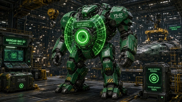 Tether (USDT) coin held by a mecha robot