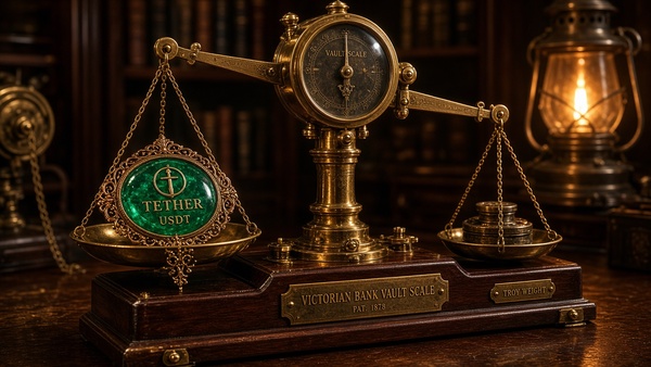 Tether (USDT) coin in a steampunk workshop