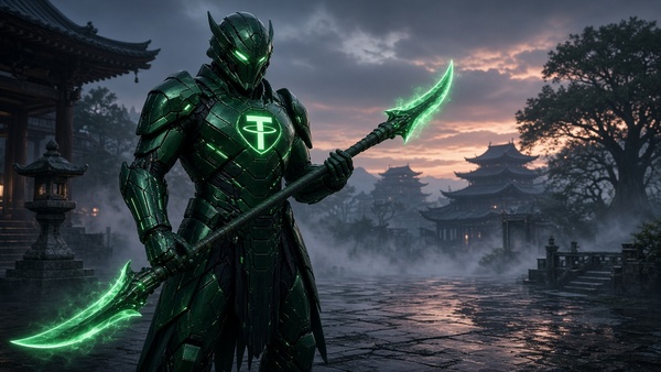 Tether (USDT) coin with a samurai warrior