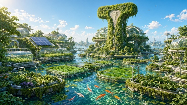 Tether (USDT) coin in a green solarpunk city