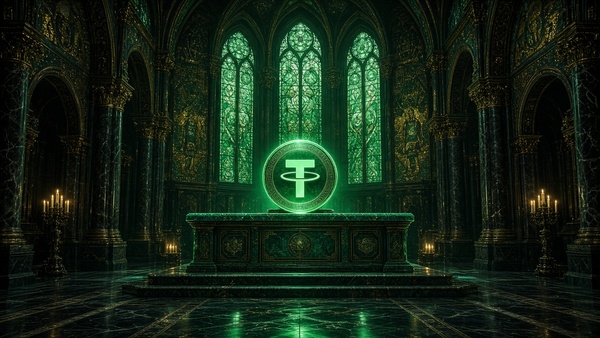 Tether (USDT) coin in a gothic cathedral