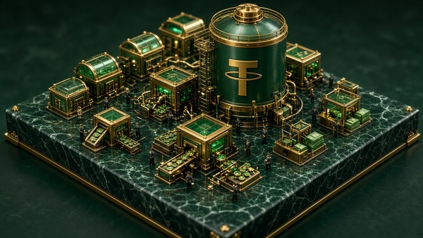 Tether (USDT) coin in an isometric city