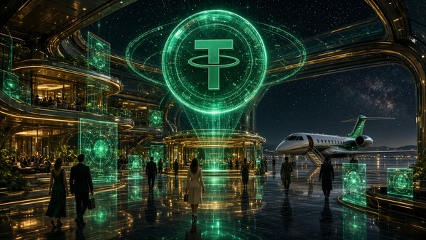 Tether (USDT) coin at a spaceport