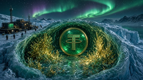 Tether (USDT) coin in an arctic landscape